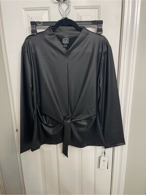 Clara Sunwoo Black Faux Leather Tie-Front Blouse